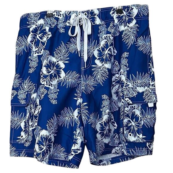 Ocean Pacific OP Mens Size Large Swimming Trunks Blue White Tropical Print - Picture 1 of 7